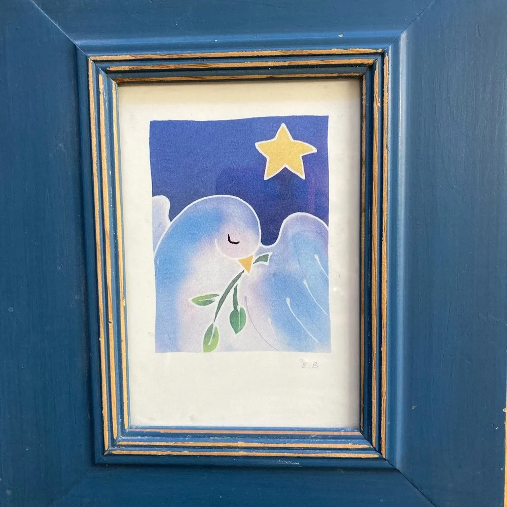 Beautiful Peace Dove Framed Card 10x8” Blue Wood Frame